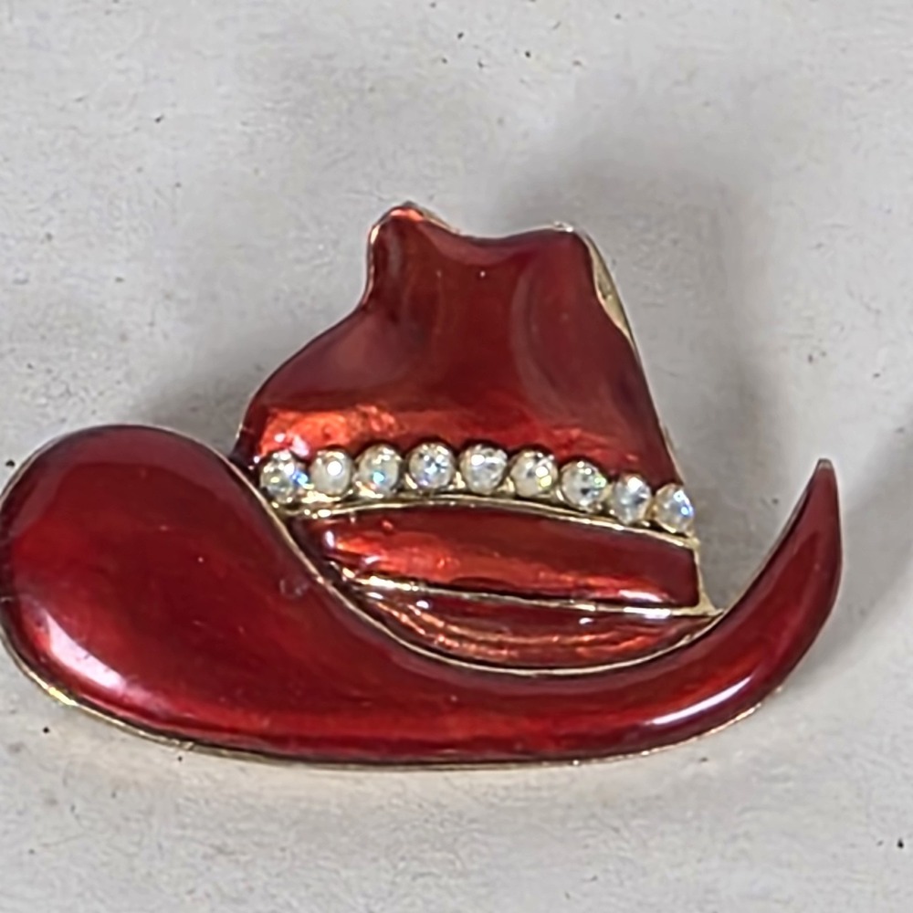 Vintage Western Red Cowboy Hat Brooch Pin Rhinestones Red Hat Society lot 3 ear